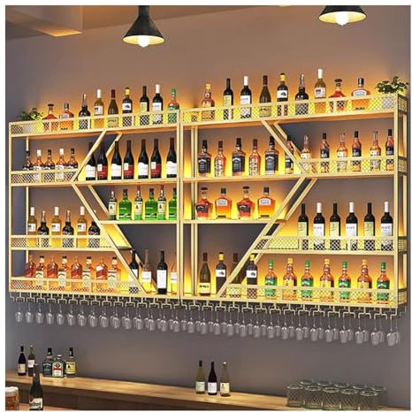 Casier à vin Mural avec lumière LED, étagères flottantes en métal pour Bouteilles d'alcool et Verres à vin, étagère de Rangement multifonctionnelle à 4 Niveaux pour Cuisine, Maison, Bar, café (coul