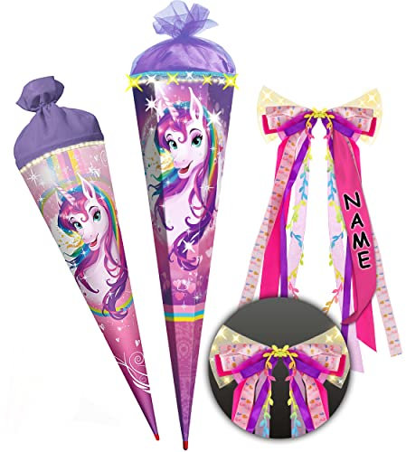 alles-meine.de GmbH mit 3D Glitzer Effekt ! - Schultüte - Einhorn/Regenbogen Unicorn - 35-100 cm - Größe wählbar - mit Holzspitze - rund - incl. große LED LICHT - Schleife - ..