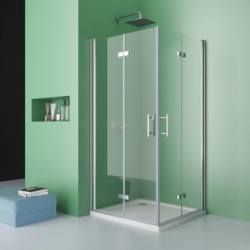 DOOLEEWEE Duschkabine Eckeinstieg 70x100cm Höhe 195cm Doppel Falttüren Duschtüren 180° Dusche Falttür Duschwand Duschabtrennung aus 6mm Gehärtetes Nano-Glas, Ohne Duschwanne