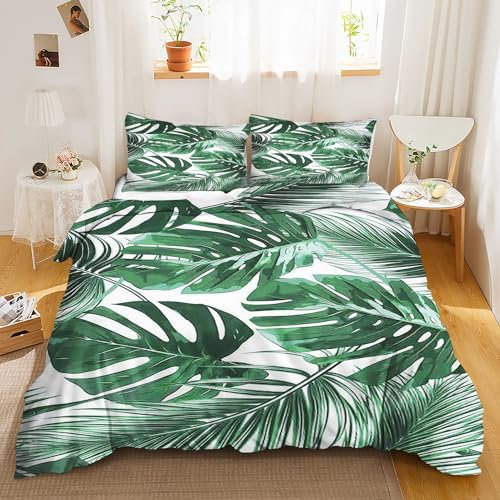 Qiqumax Grüne Tropical Palm Blätter Bettwäsche 135x200cm Bettbezug Pflanzen Muster Microfaser Deckenbezug Mit Reißverschluss Und Kissenbezug Für Erwachsene Und Kinder (2,135 x 200 cm)