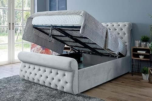 Furnishion Double Sleigh Bed with Storage - Steel - Dark Grey Plush Velvet Ottoman Style- Mattress not Included - Upholstered Sleigh Beds (Silver plush, King 5ft Storage Bed Only)