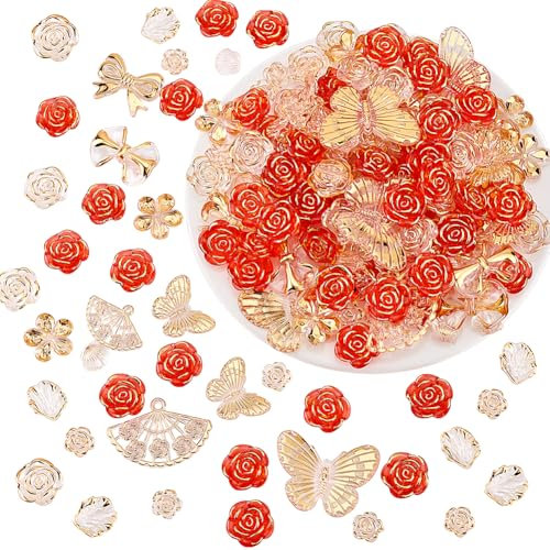 PH PandaHall 140pcs Red Acrylic Flower, Butterfly, Shell, Bow Beads Bulk for Jewelry Bracelet Earring Making DIY Crafts