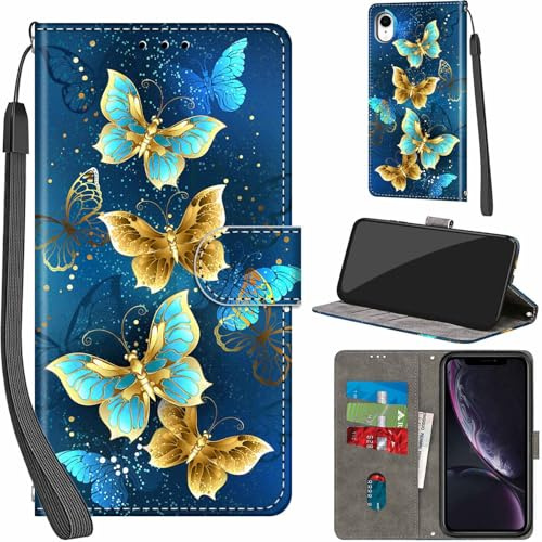 Haninsuze Case for iPhone XR 6.1-Inch, Four Butterfly | PU Leather, 3 Card Holder, Wallet Book Flip, Folio Stand View, Magnetic, Multi-Pattern Cover, Lanyard Strap