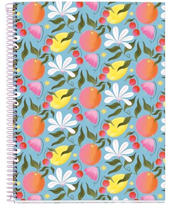 Miquelrius - A4-Notizbuch (210 x 297 mm), 100 linierte Seiten, 70 g/m², fester Kartoneinband, 4 Farbbänder, Spiralbindung, 4 Löcher, liniertes Notizbuch, schönes Schreibwaren, Blumenmuster