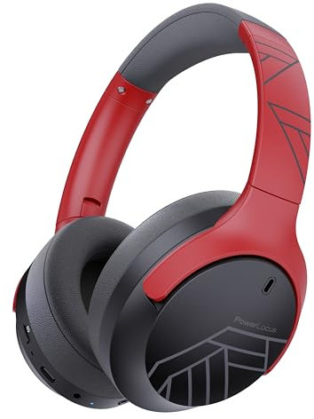 PowerLocus Bluetooth Kopfhörer Over Ear, 60 Std Spielzeit, Kopfhörer Kabellos mit 4 EQ-Modi, Hi-Fi Stereo Faltbare Kopfhörer mit Mikrofon für iPhone/Reisen/Android/Laptops (Grau/Rot)