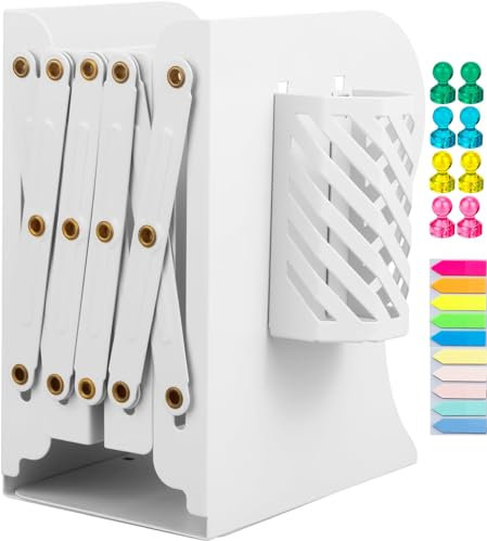 Verstellbare Buchstütze, Verstellbar Buchstützen Kinder Metall Bücherhalter Erweiterbar Metall Bücherstützen mit Stifthalter Bücherhalter Buchständer für Büro Zuhause Schule Bibliothek (Weiß)