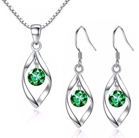 Zolkamery Schmuckset Silber 925 Damen, 925 Sterling Silber Twist Halskette & Ohrhänger Set mit Grün 5A Zirkonia, Damen Tropfen Mode Schmuck Set Silberkette & Haken Ohrringe Hängend für Mädchen Frauen