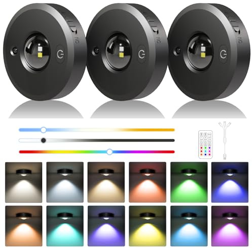 3er Set Unterbauleuchte Küche LED Akku, RGB & CCT 3000K–6000K, Dimmbar | Schrankbeleuchtung Kabellos mit Fernbedienung, Timer, USB-C Wiederaufladbar Puck Lights, Magnetische Vitrinenbeleuchtung