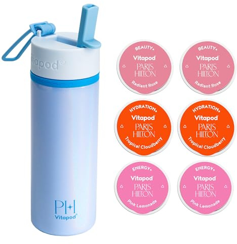 Vitapod Paris Hilton x Daily Wellness System - Botella de agua nacarada de 22 onzas en color azul junto a la piscina y 6 cápsulas de mezcla de bebidas, incluye cápsulas de mezcla de bebidas