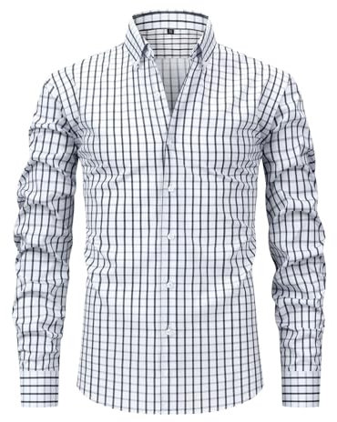 Foweknow Chemise à manches longues pour homme - Col à revers - Chemise à carreaux boutonnée - Chemise d'été décontractée - Chemise de bûcheron - Coupe droite - Avec poches - Respirant - Légère, Blanc