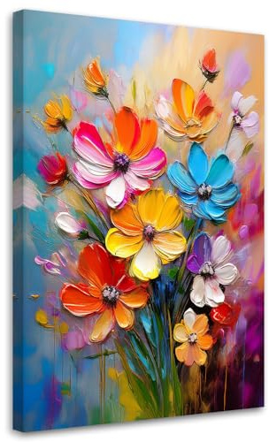 Feeby Wandbilder - Bilder Schlafzimmer - Abstrakte bunte Blumen - 40x60 1tlg - Wohnzimmer Bild Groß - Wohnungs - Foto Geschenk - Leinwand Wall Art - Wand Deko