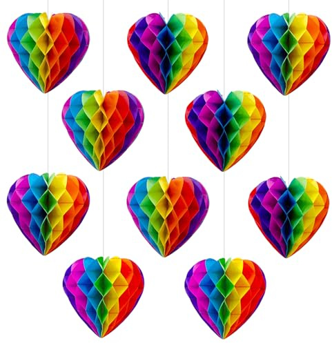 10 Pcs Rainbow Party Pride Decorations Heart Paper Honeycomb Balls