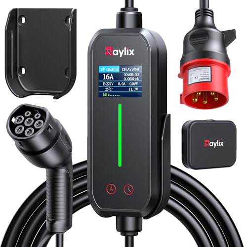 Raylix 11kW Chargeur Voiture Électrique, Type 2 (5m, 8A–16A, Triphasé) avec Compteur Électrique, Intensité Réglable et Recharge Différée, Borne de Recharge 11 KW Triphasé, Compatible avec Type 2