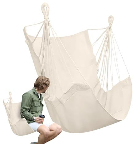 Hängesessel Schaukel – Boho Hängestuhl mit Kissen, Makramee Design, Robustes Baumwollseil und Metallrahmen, Belastbar bis 150kg | Bequemer Indoor Outdoor Schaukelstuhl für Balkon, Garten, Terrasse ode