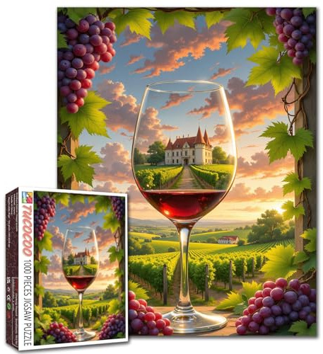 Wein-Puzzle Weinberg Sonnenuntergang Landschaft 1000 Teile Puzzles für Erwachsene, Rotweinglas-Kunstpuzzle für anspruchsvolle Familienaktivitätsspiele, rustikale Traubenlandschaft, DIY-Puzzle für