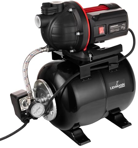 LEHMANN Hauswasserwerk HP1, 800 W, 5200 l/h, 19 L Stahldruckkessel, 43 m Förderhöhe, max. 4,3 bar Druck, 8 m Ansaughöhe, selbstansaugend, Überlastungsschutz, integriertem Manometer, Schwarz