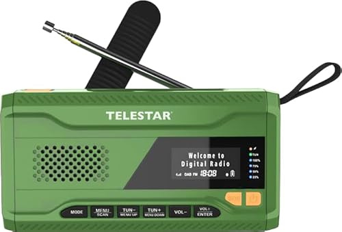 TELESTAR TOP NR 5 – Notfallradio mit 4000 mAh Akku – Grün | Kompaktes Kurbelradio, Solarpanel, Powerbankfunktion, Taschenlampe, SOS Funktion