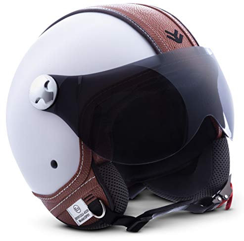 ARMOR HELMETS® AV-84 „Vintage Deluxe White“ · Jet-Helm · Motorrad-Helm Roller-Helm Scooter-Helm Moped Mofa-Helm Chopper Retro Vespa Vintage · ECE 22.05 Visier Schnellverschluss Tasche XXL (63-64cm)