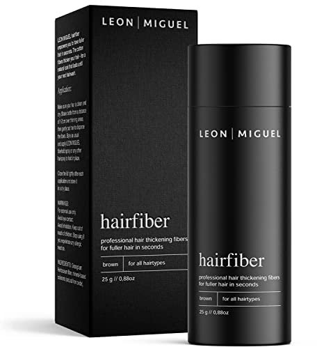 LEON MIGUEL Hair Fiber - Streuhaar - Premium Haarverdichtung/Schütthaar mit Soforteffekt bei Geheimratsecken, Haarausfall und lichtem Haar - Haarpuder | 25g (Braun)