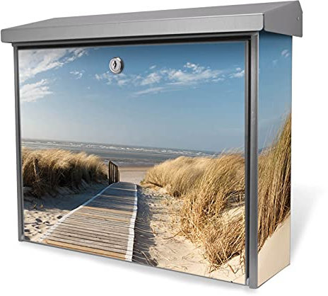 banjado® Burgwächter Briefkasten Edelstahl 38,5x31,5x12cm mit Motiv Dünen/Briefkasten Edelstahl ohne Zeitungsfach/Briefkasten grau/Postkasten inkl. Montagematerial & 2 Schlüsseln