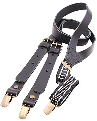 Schwarze leder hosenträger herren | Handgefertigt in Spanien | Hosenträger für Herren mit 3 extra starken Clips. (Schwarz)