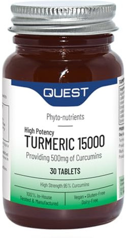 Quest - 30x Turmeric 15000 High Strength Turmeric and Black Pepper Tablets Quick Absorption Natural Joint Care Supplements Providing Total of 500mg of Curcumins. Vegan & Free from Gluten (1 Pack)