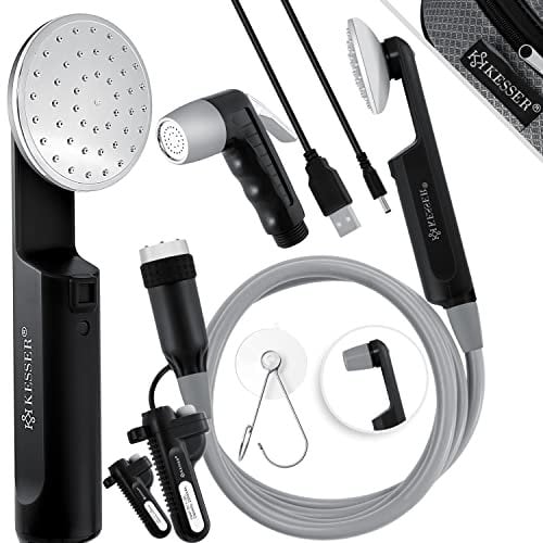 KESSER® Campingdusche mit Akku Tauchpumpe Handbrause 2X 2200mAh-Lithium-Akku, USB-Ladekabel, für Camping Garten - Auto - Outdoor, Hundedusche, Autoreinigung, Inkl. Tragetasche, Schwarz/Grau