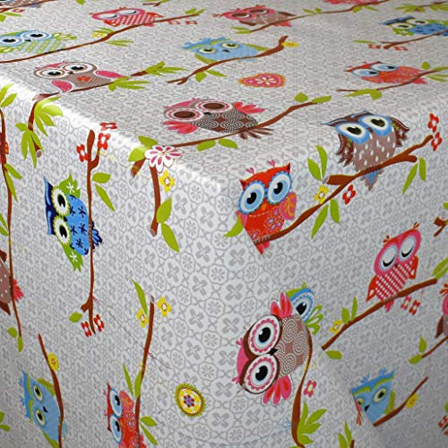 KEVKUS Wachstuch Tischdecke K-BE4213 Bunte Eulen Uhu Kautz Blüten wählbar in eckig rund oval (Rand: Paspel (mit Kunststoffband), 100 x 140 cm eckig)