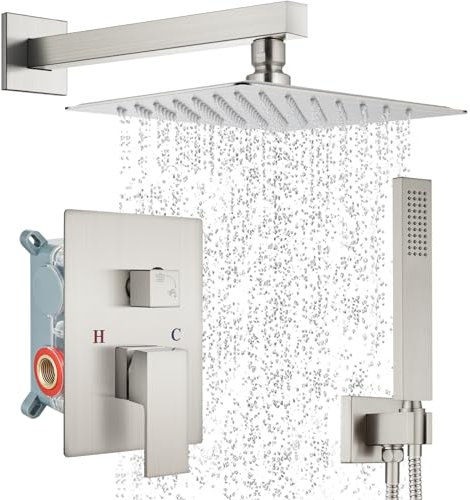 Midanya Sistema de ducha de lluvia, cabezal de ducha cuadrado, montaje en pared, juego de grifo de ducha con pulverizador de mano, kit de moldura de válvula rugosa, mezclador de baño, juego combinado