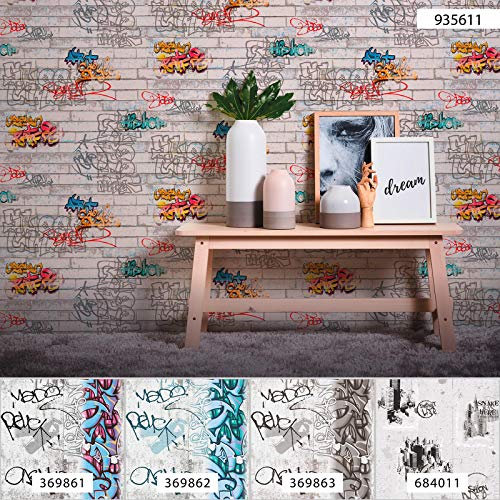 Papier peint graffiti | Papier peint chambre ado brique blanche, multicolore et argenté 93561-1 | Papier peint street art ado garçon pas cher