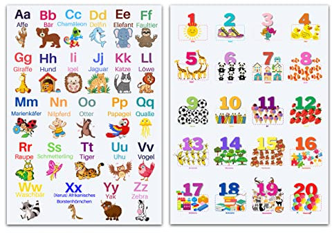 CLEAN SPORTS® Alphabet und Zahlen DinA1 Lernposter für Kinder - ABC und Zahlen von 1 bis 20 lernen mit zwei großen 59,4cm x 84,1cm Poster für´s Kinderzimmer - Kinderposter Tiere lernen