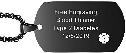 MOWOM Medical Personalisierte Halskette mit ID-Anhänger aus Edelstahl SOS Medizinische Notfallkette für Männer Frauen mit Notfallkarte - A1: Black Horizontal