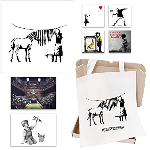 Kunstbruder Banksy geschenkbox Geburtstag Box mit Leinwandbild, Postkarte, Sticker und Jutebeutel (Zebra)