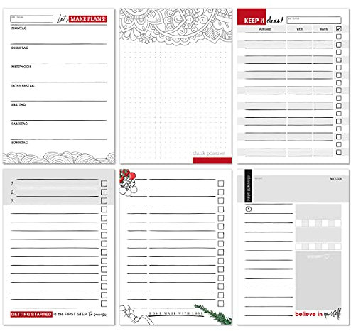Sechs A6 Planer Notizblöcke - Wochenplaner, To-Do-Liste, Punktraster für Notizen, Einkaufsliste, Putzplan, Habit-Tracker | 50 Blatt je Block für jegliche Termine & Aufgaben