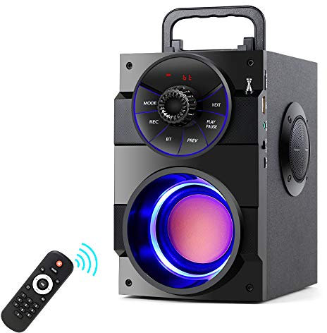 TAMPROAD Casse Bluetoth, Cassa Bluetooth Portatile con Subwoofer Bassi Pesanti, 2 Altoparlanti, Luci LED, Radio FM, Telecomando, Lettore MP3 Altoparla Potente Adatto per Viaggi, Interni ed Esterni