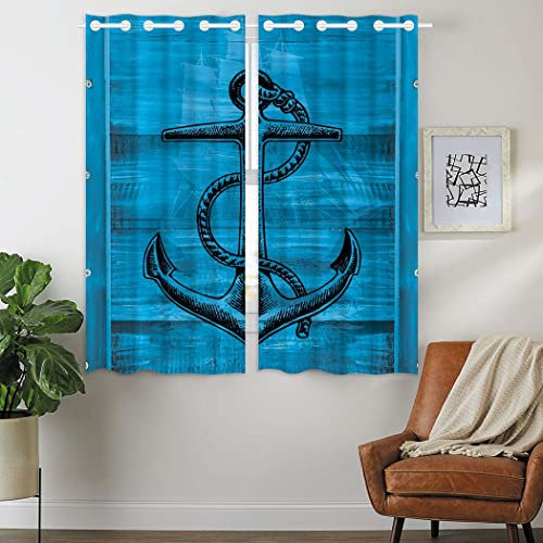 Zomer Blickdicht Vorhang, Anker Blau, Verdunkelung Ösen Gardinen Schlafzimmer 2er Set, 180 x 140 cm