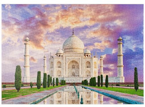 MyPuzzle Blick auf das Taj Mahal im Licht des Sonnenuntergangs mit Spiegelung im Wasser - Premium 1000 Teile Puzzle - MyPuzzle Sonderkollektion von Puzzle Galaxy