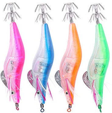Tiiyee Esca per Gamberetti, Esche Calamari da Pesca Gambero Luminoso 10 Cm Plastica Metallo Duro Artificiale Polpo Seppie Ganci Acqua Salata Luminosa Elettrica di Calamaro Luminose Gamberetti 4 Colori