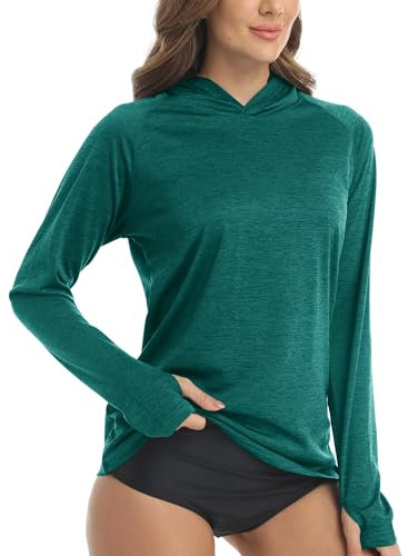 KEFITEVD Damen Funktionsshirt Langarm Outdoor Sportshirt Funktions Fitnessshirt Sport UV Shirt mit Kapuze Outdoorshirt Sonnenschutz UPF 50+ Hoodie Kapuzenshirt Gym Wandershirt Jadegrün Meliert S