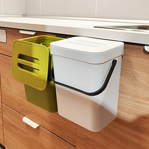 StoneSpace Petite poubelle à suspendre avec couvercle sous l'évier pour cuisine, seau à compost de 5 L, poubelle à compost de cuisine pour comptoir, blanc
