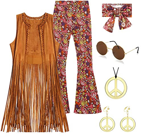 YADODO Costume Hippie Donna Gilet con frange senza maniche Pantaloni discoteca Anni 60s 70s Costume Hippie Vestito Diso Donna Annee 70 Costume di Halloween Carnevale (S)