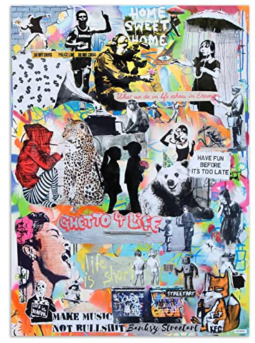 Kunstbruder - Banksy bilder Collage auf Leinwand Ghetto/Streetart FotoCollage Wandbild Kunstdruck graffiti bild/Wanddekoration Leinwandbild fertig zu Aufhängen (50x70 cm)