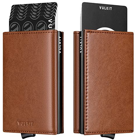 VULKIT Portafoglio da uomo Porta carte di credito Porta carte pop-up Porta carte in pelle con blocco RFID con scomparto per banconote e finestra per documenti d'identità