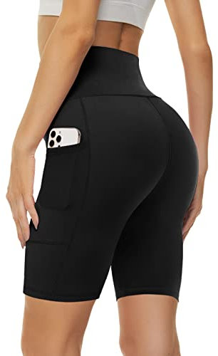 Missluck Radlerhose Damen mit Taschen Kurze Sporthose Hohe Taille Leggings Blickdicht Shorts Sommer Hose für Yoga Gym (Schwarz,S-M)