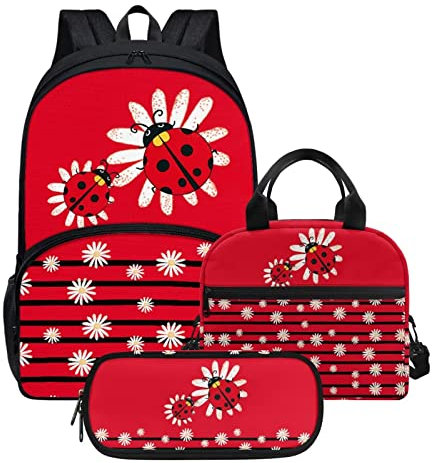 Agoviwo Ladybug Design Schulrucksack-Set für Mädchen 10-12 Jahre alt Büchertasche, Lunchtasche und Federmäppchen