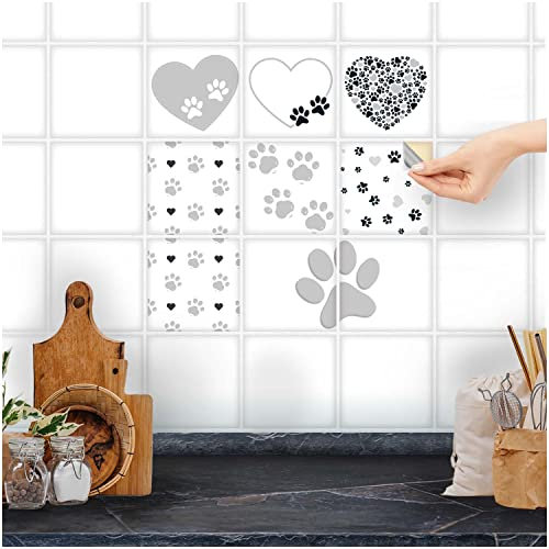 FoLIESEN Fliesenaufkleber für Bad, Küche, Badezimmer - Fliesen-Folie selbstklebend - Deko-Aufkleber - Tierpfoten-Collage, .:10x10 cm - 9-tlg.