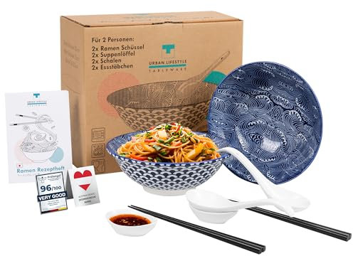 Urban Lifestyle Ramen - Bol à dîner - En porcelaine - Pour 2 personnes - Capacité : 20 cm - Capacité : 0,8-1 l - Bol à soupe, saladier, soupe, pho, ramen, nouilles, céréales, soupe (Seigaiha)