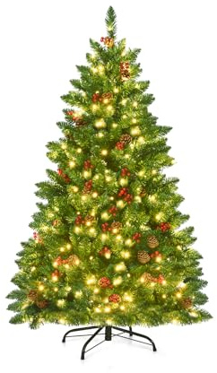 LIFEZEAL Albero di Natale con Luci Incorporate, Albero di Natale 195 cm, con 450 Luci a LED, 1100 Rami, 56 Bacche, 56 Pigne, Foltissimo, PVC Ignifugo, Base in Metallo, Christmas Tree