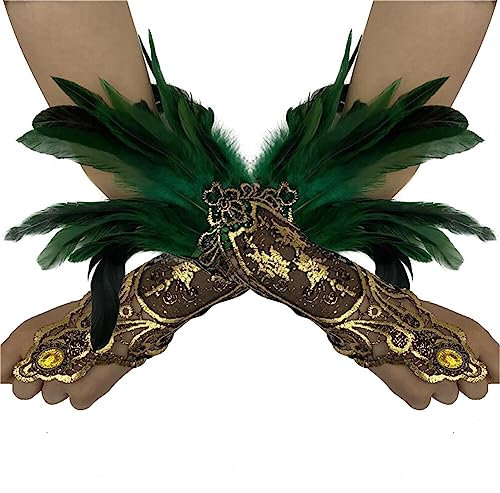 MoreChioce 1 Paar Vintage Federhandschuhe, Damen Feder Spitze Fingerlose Lange Handschuhe Federarmhandschuhe Armkette für Hochzeit Party Halloween,Grün #A