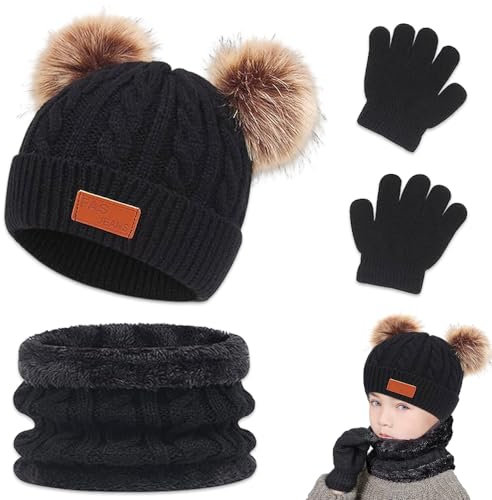 Udbrud 3 in 1 Kinder Wintermütze, Schal und Handschuhe Set - Warme Winter Beanie Hut für Jungen und Mädchen, 1-8 Jahre (Schwarz)